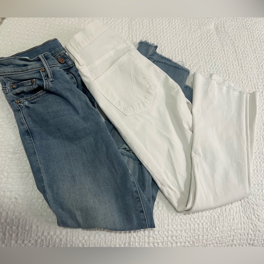 MOTHER High Rise Jeans in Blue and White